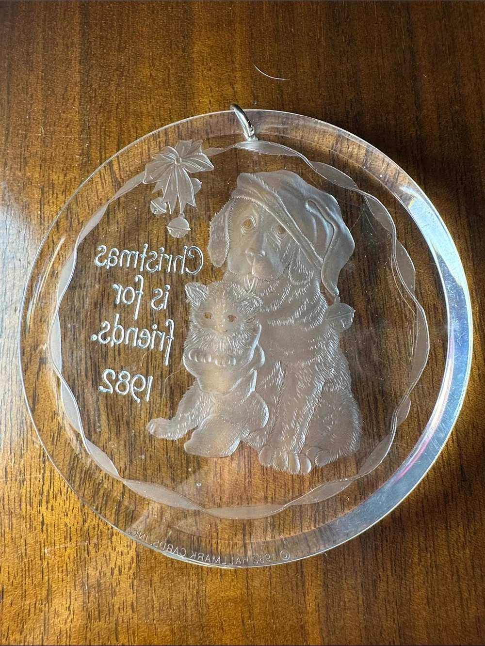 Two vintage 80s clear plastic ornaments  Hallmark & Santa Face